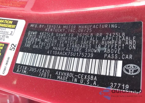 2025 Toyota Camry Se from USA, damaged, VIN 4T1DAACK7SU175239